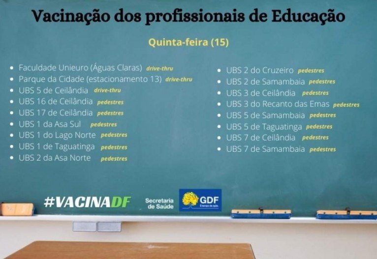 Lista de pontos de vacina&ccedil;&atilde;o no DF para os profissionais de educa&ccedil;&atilde;o