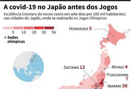 Mapa mostrando a incidência (número de casos novos nos últimos sete dias por 100.000 habitantes) nas prefeituras do Japão, onde terão início os Jogos Olímpicos em 23 de julho.