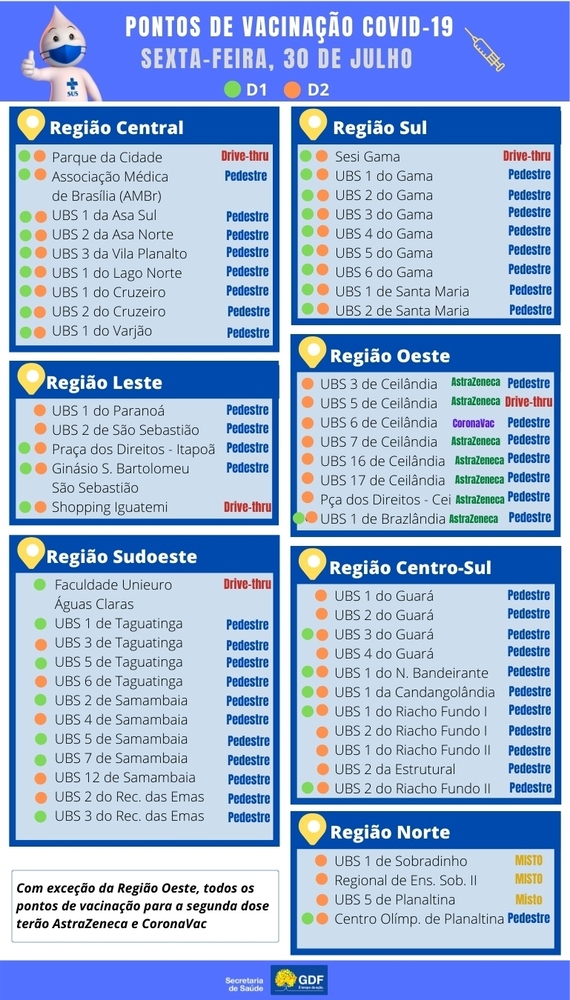 Postos de vacinação contra a covid-19 na sexta-feira (30/7)