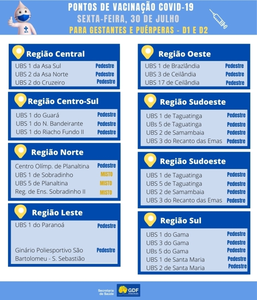 Postos de vacinação contra a covid-19 para grávidas e puérperas, na sexta-feira (30/7)