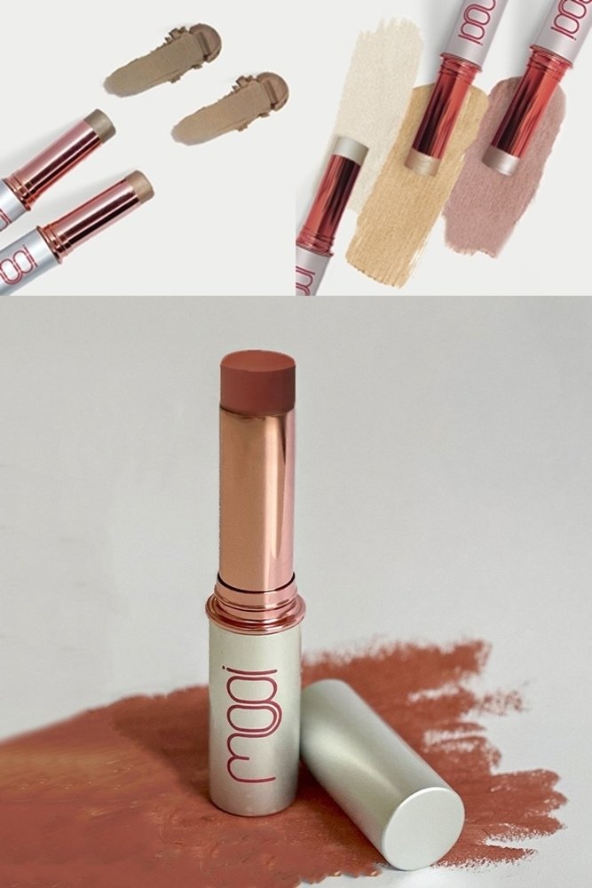 Bronzer (R$ 86,25), Highliter (R$ 89,24) e Multi-Stick (R$ 82,50), da Mooi Natural Beauty