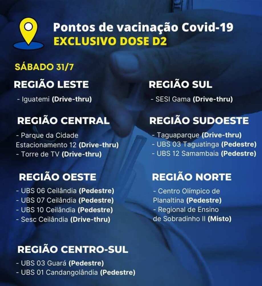 Pontos de vacinação contra covid-19 no sábado (31/7) — apenas segunda dose