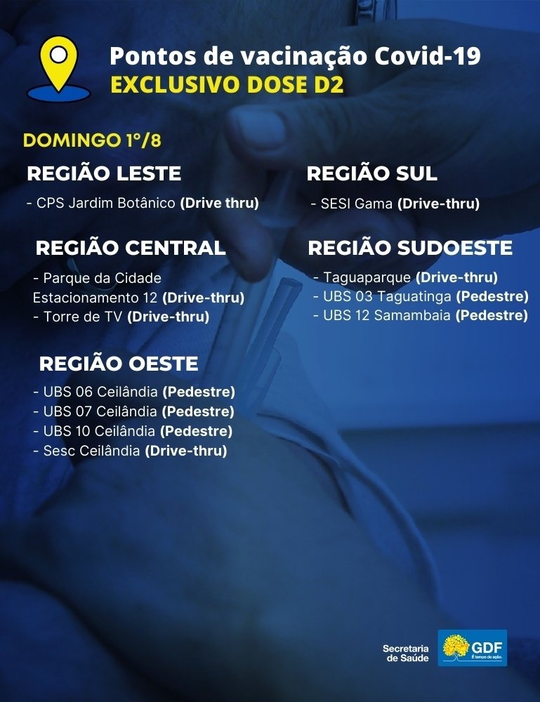 Pontos de vacinação contra covid-19 no domingo (1º/8) — apenas segunda dose