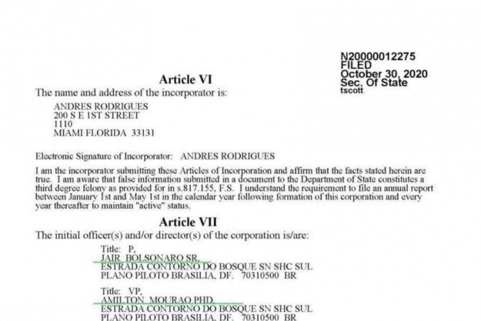 Bolsonaro consta como diretor de entidade na Flórida