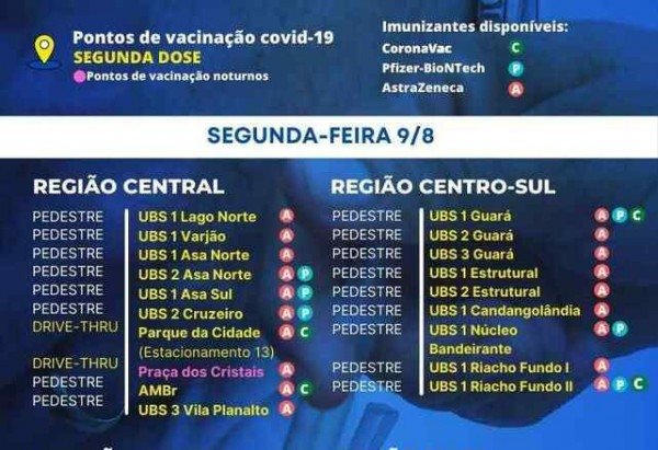 Pontos de vacinação contra a covid-19 desta segunda-feira (9/8)
