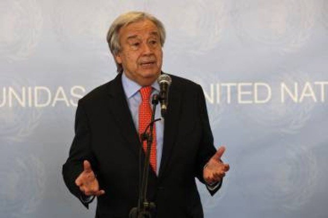 (FILES) In this file photo taken on July 1, 2021, United Nations Secretary general Antonio Guterres gives a press conference during his visit to the United Nations center for technology and communications in Quart the Poblet near Valencia. The United Nations chief on August 15, 2021 urged the Taliban to 