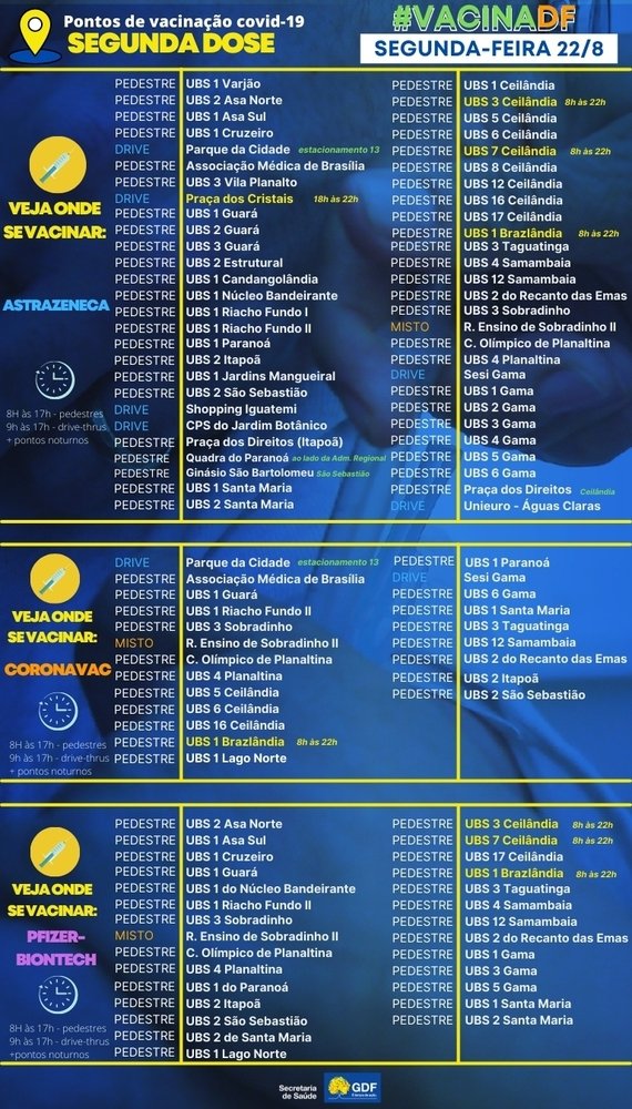 Pontos de vacinação nesta segunda-feira (23/8)