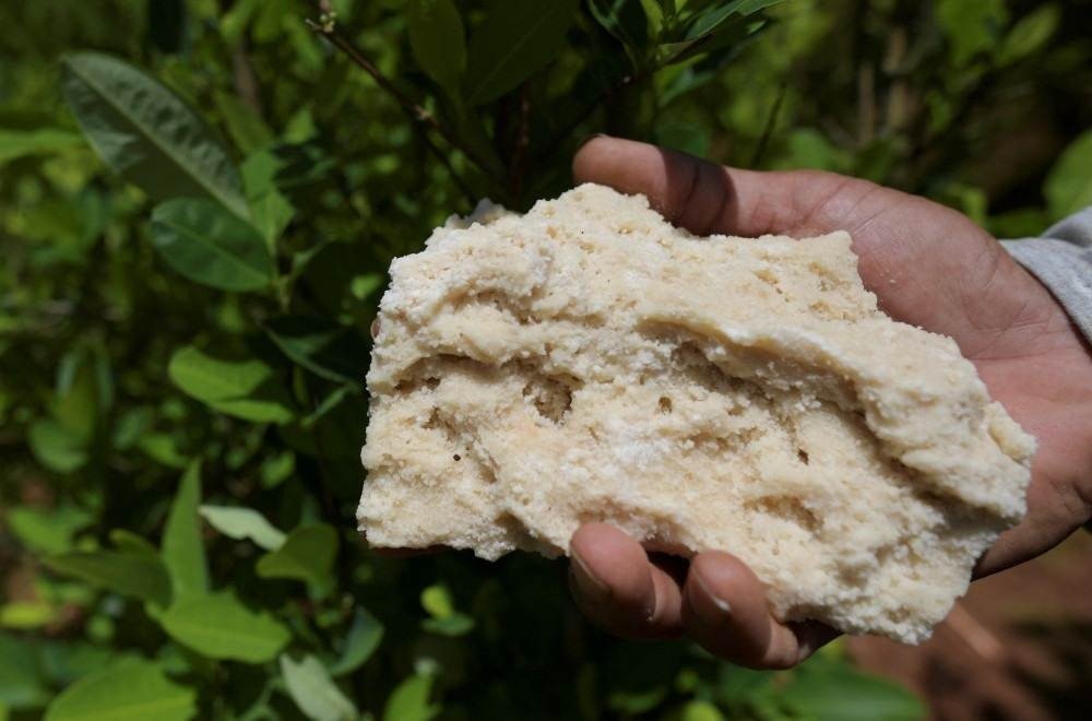 A man holds a chunk of coca base at a makeshift laboratory in the mountains of El Patia municipality, Cauca department, Colombia, on May 5, 2021. In the mountains and jungles of southwestern Colombia, peasants, migrants and women carrying babies toil determinedly in fields of coca despite the dangers and persecution they suffer, whilst Colombian President Ivan Duque issued a decree to reactivate the use of aerial glyphosate spraying in illicit coca crops.