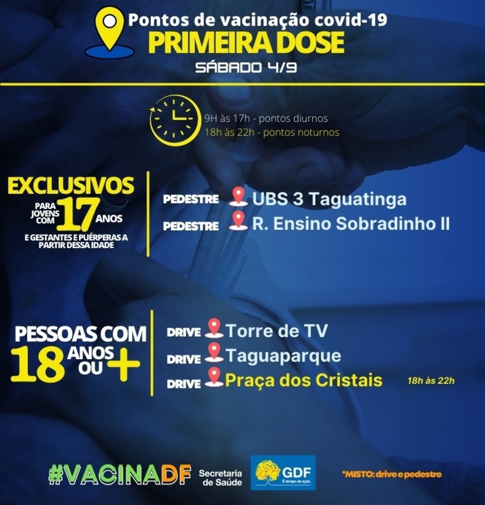 Covid-19: Pontos de vacina&ccedil;&atilde;o abertos neste s&aacute;bado (4/9)