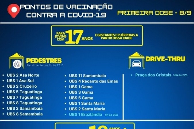 Postos de vacinação da primeira dose das vacinas desta quarta (8/9)