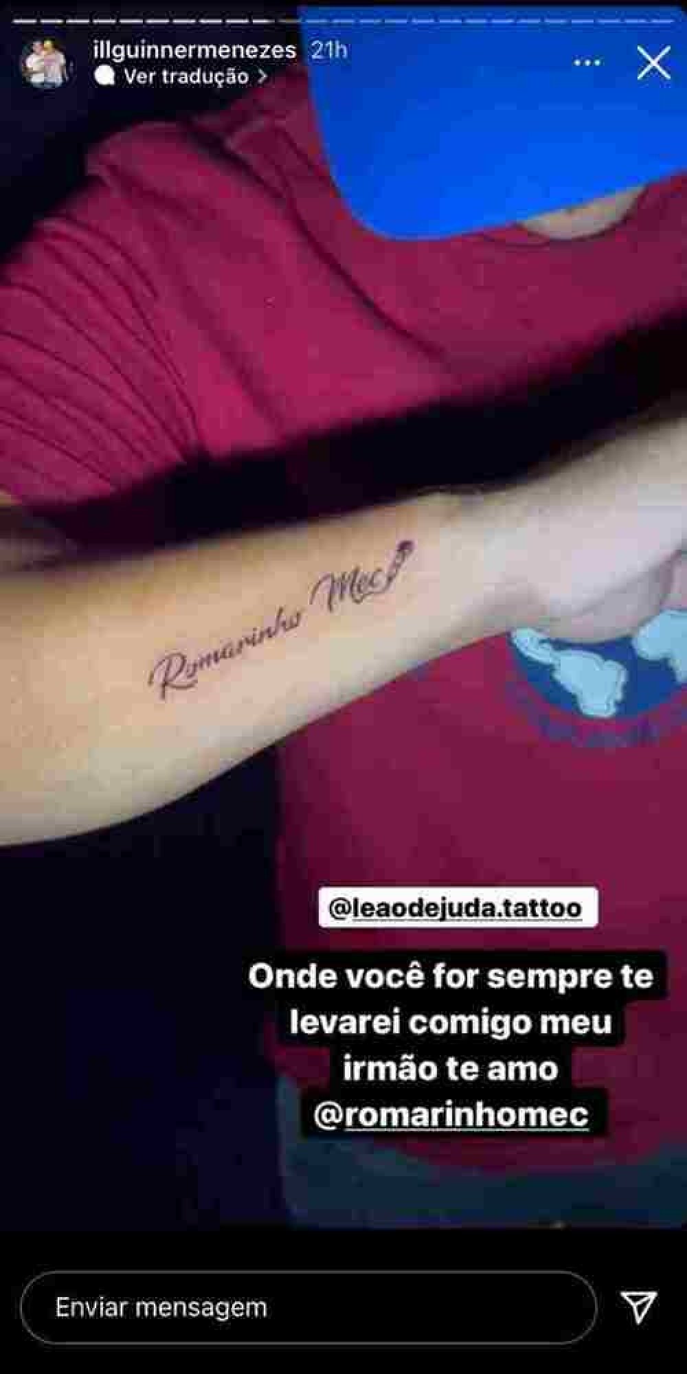 Marco Illguinner tatuou o nome do cantor Rom&aacute;rio de Jesus (foto: Reprodu&ccedil;&atilde;o/Instagram)