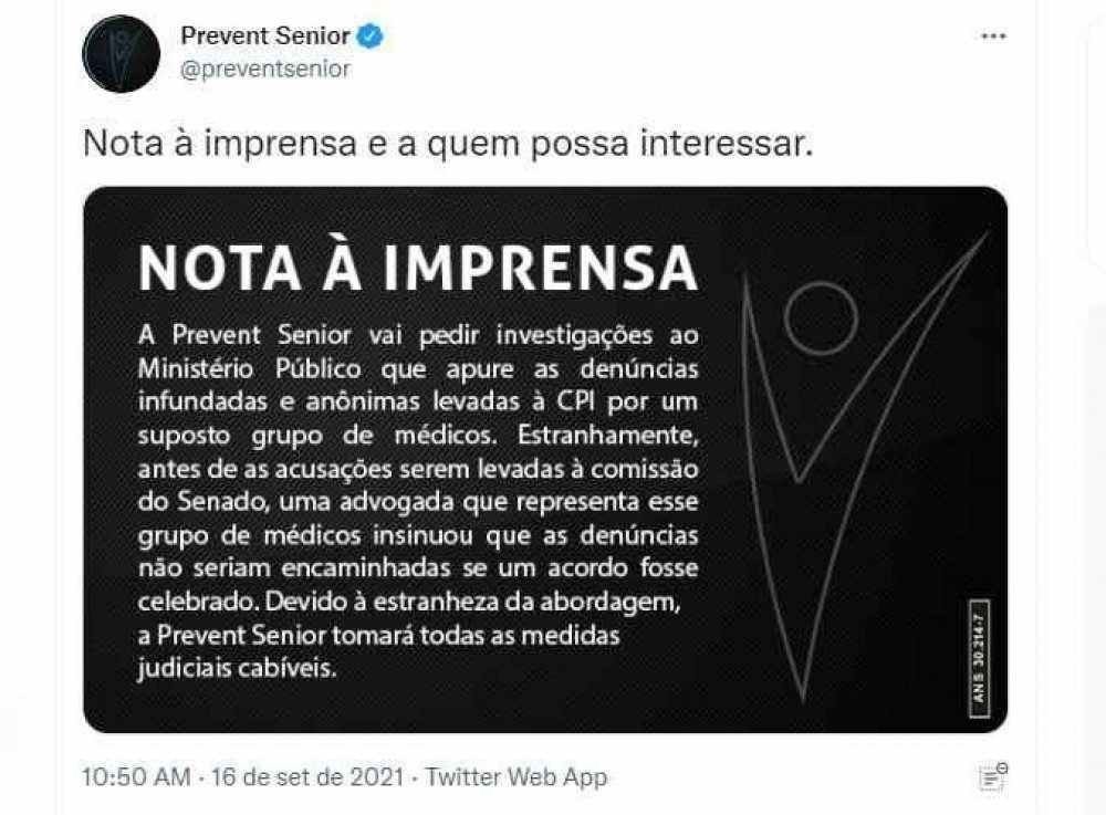 Nota emitida pela Prevent Senior sobre os fatos divulgados (foto: Divulgação/Prevent Senior) Os estudos aconteceram