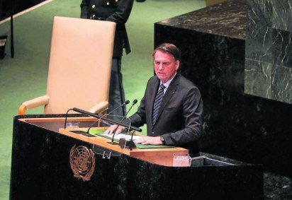 Bolsonaro na ONU em 2019. Dois anos depois, deve voltar a provocar estrangeiros sobre questões da ecologia - (crédito: Ludovic Marin/AFP - 24/9/19)