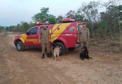 Cães da corporação faziam treinamento na área, quando encontraram o cadáver - (crédito: CBM-GO/Divulgação) Cães da corporação faziam treinamento na área, quando encontraram o cadáver - (crédito: CBM-GO/Divulgação)