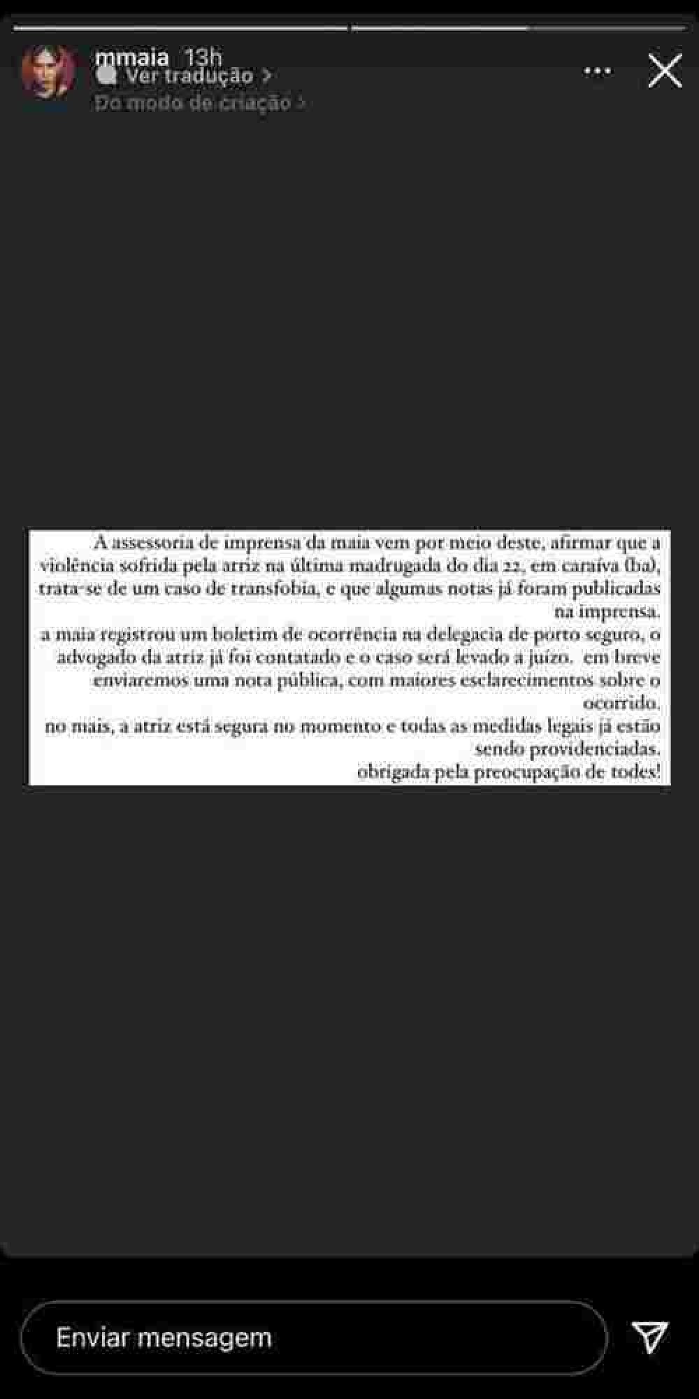 Equipe de Marcella Maia compartilhou nota nas redes sociais da artista (foto: Reprodução/Instagram)