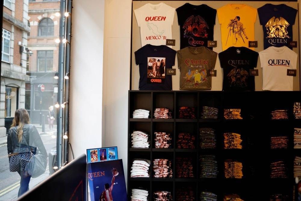 Official merchandise of legendary British rock group Queen on sale at their newly opened store in central London on September 27, 2021.