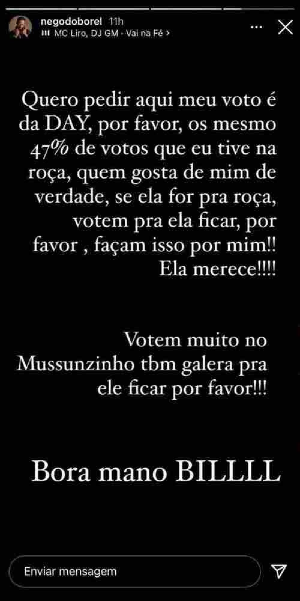 O cantor fez apelo aos seus seguidores para ajudarem a manter Dayane Mello no reality rural O cantor fez apelo aos seus seguidores para ajudarem a manter Dayane Mello no reality rural