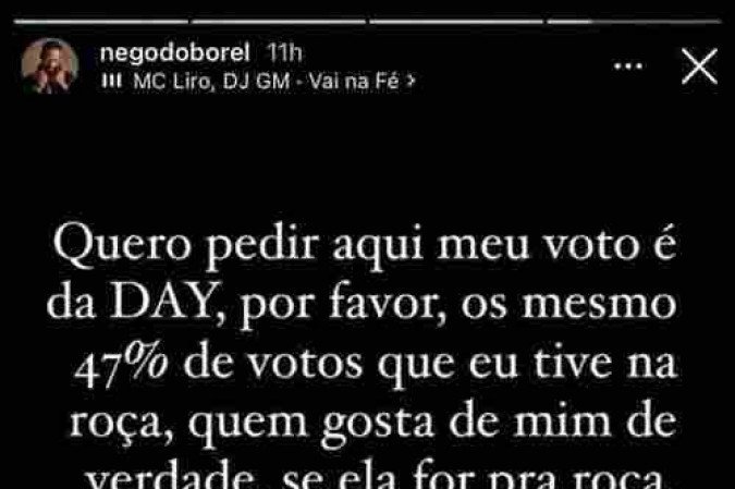 O cantor fez apelo aos seus seguidores para ajudarem a manter Dayane Mello no reality rural 
