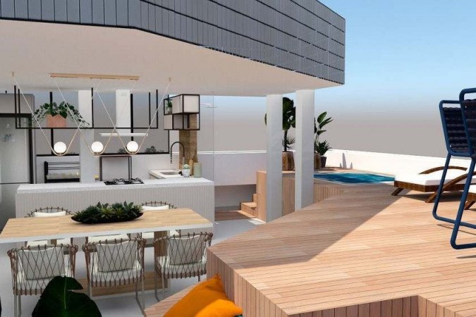 Terraço com área gourmet e piscina: uma extensão da área interna da casa - (crédito: Emozi Arquitetura/Divulgação) Terraço com área gourmet e piscina: uma extensão da área interna da casa - (crédito: Emozi Arquitetura/Divulgação)