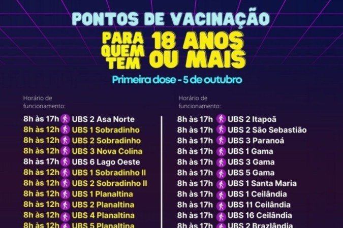 Pontos de vacinação da D1 para pessoas com 18 anos ou mais