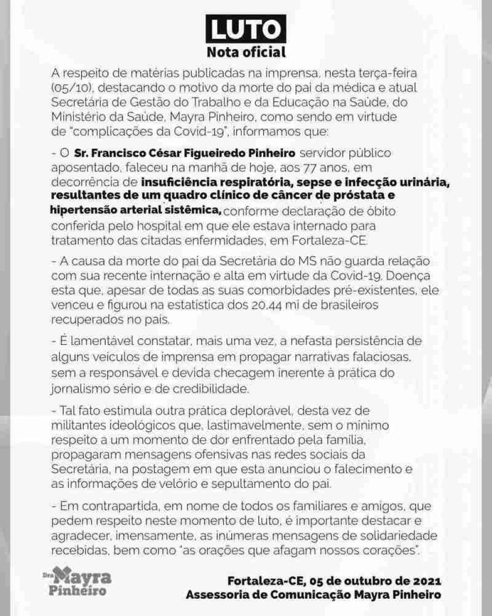 nota de pesar morte Cesar Pinheiro
