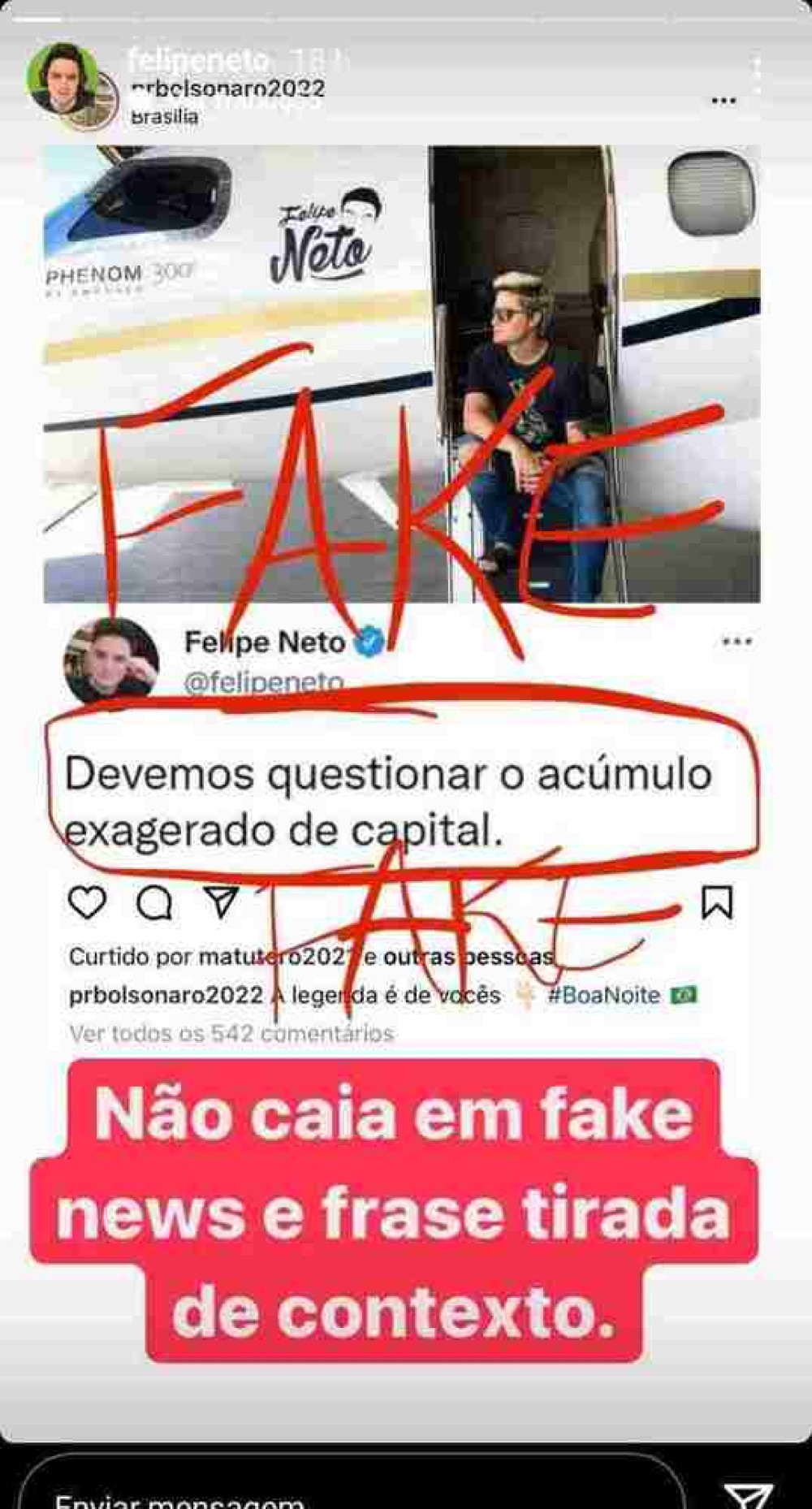 Felipe Neto expôs fake news a seu respeito nos stories e a desmentiu: 