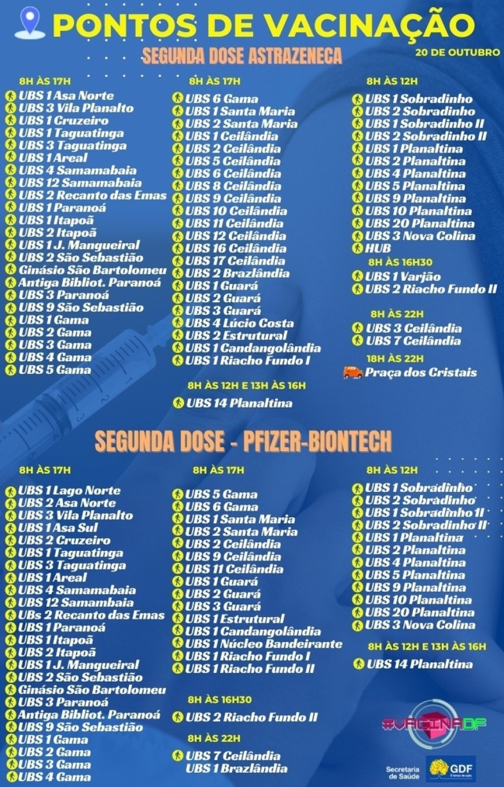 Pontos de vacinação contra a covid-19 na quarta-feira (20/10)