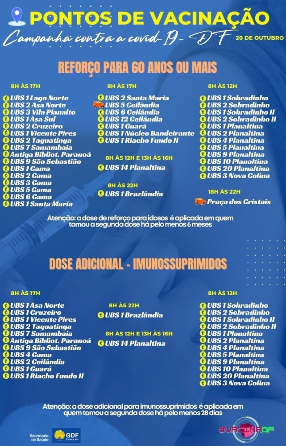 Pontos de vacinação contra a covid-19 na quarta-feira (20/10)