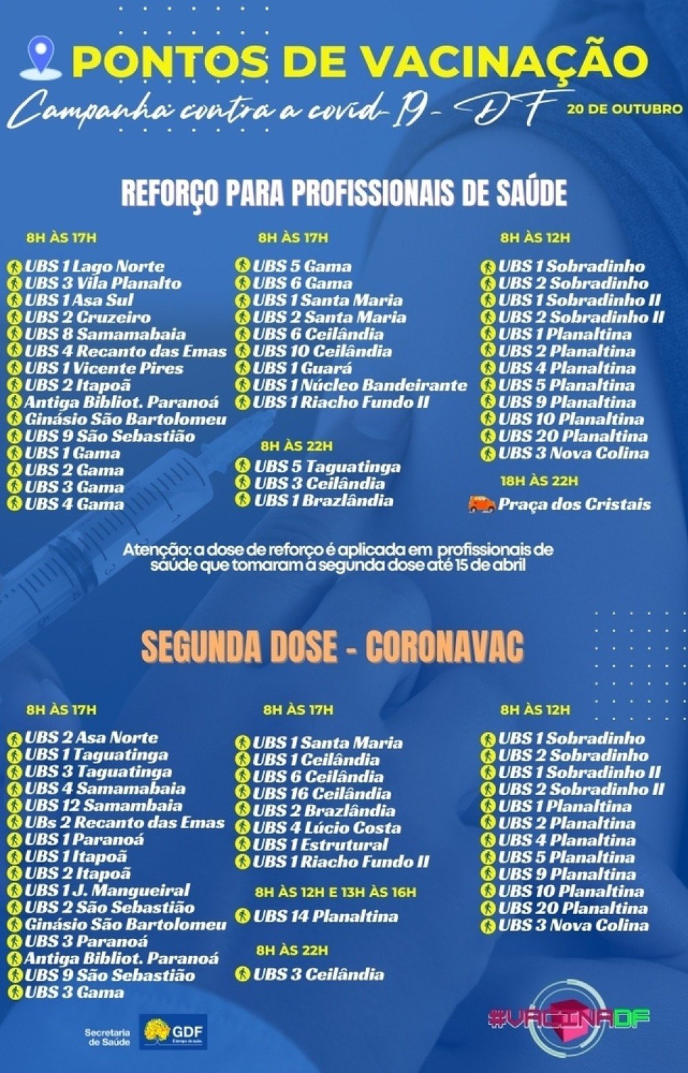 Pontos de vacinação contra a covid-19 na quarta-feira (20/10)