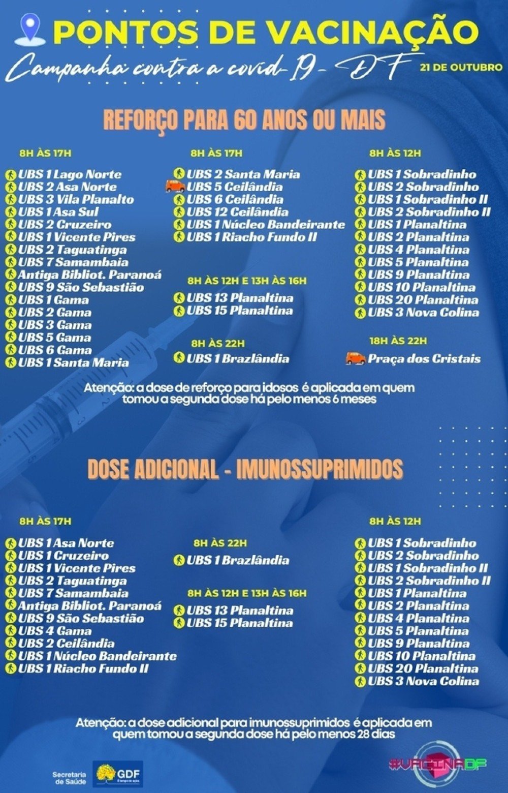Locais que aplicam dose de reforço no público com 60 anos ou mais 