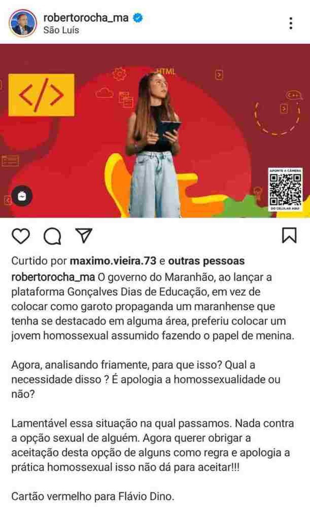 Post homofóbico feito pelo senador Roberto Rocha contra influenciador adolescente viralizou nas redes sociais nesta terça-feira (26/10) Post homofóbico feito pelo senador Roberto Rocha contra influenciador adolescente viralizou nas redes sociais nesta terça-feira (26/10)