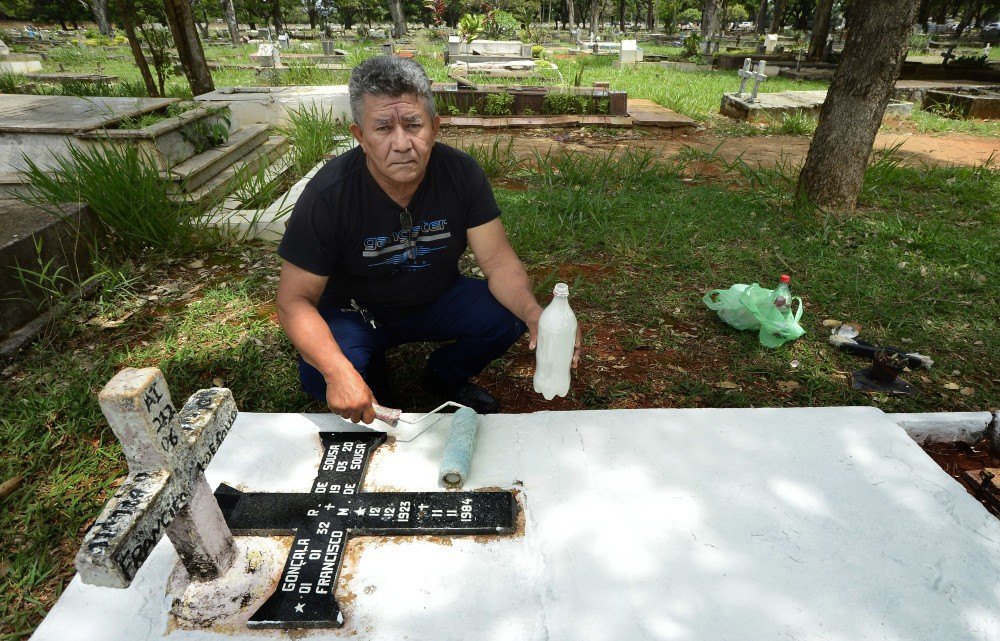 27/10/2021 CrÃ?Â©dito: Marcelo Ferreira/CB/D.A Press. Brasil. Brasilia - DF CemitÃ?Â©rio Campo da EsperanÃ?Â§a em Taguatinga, preparativos para o dia dos finados. Descaso e abandono. Raimundo Marques, pinta o tÃ?Âºmulo da famÃ?Â­lia.