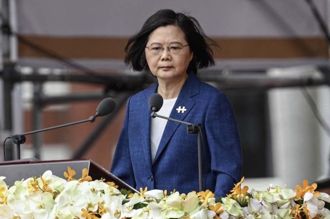In this file photo taken on October 09, 2021 Taiwan's President Tsai Ing-wen speaks during national day celebrations in front of the Presidential Palace in Taipei. Taiwan's president said October 27, 2021 she has 