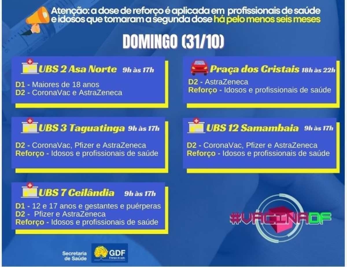 Pontos de vacinação contra a covid-19 que funcionarão durante domingo (31/10), na véspera de feriado e no feriado do Dia de Finados. 