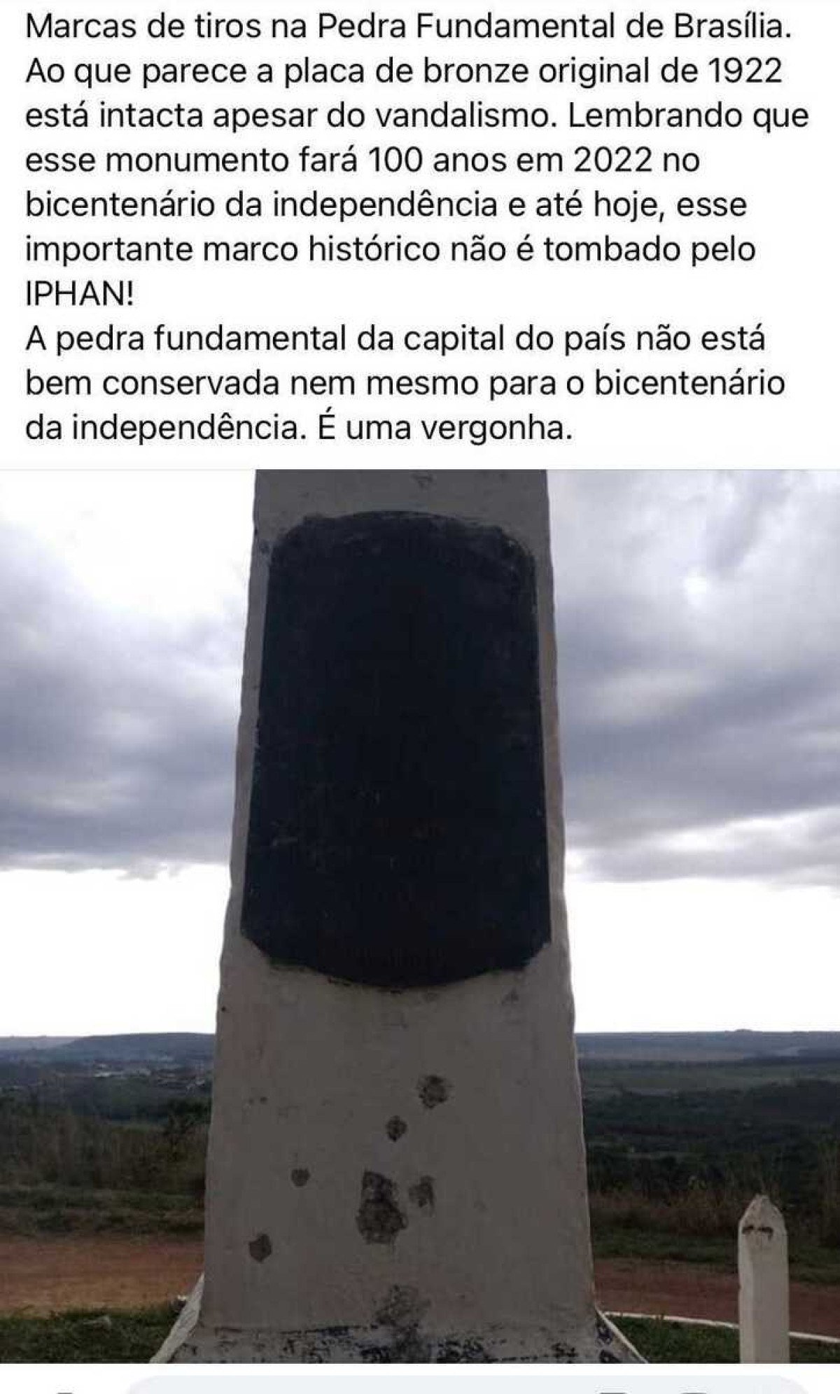 Imagem de Pedra Fundamental com marcas de tiro em Planaltina foi divulgada