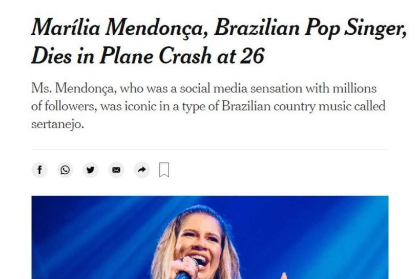 Matéria do The New York Times sobre Marília Mendonça