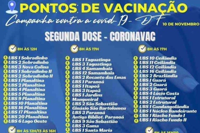 Locais de aplicação para segunda dose no DF