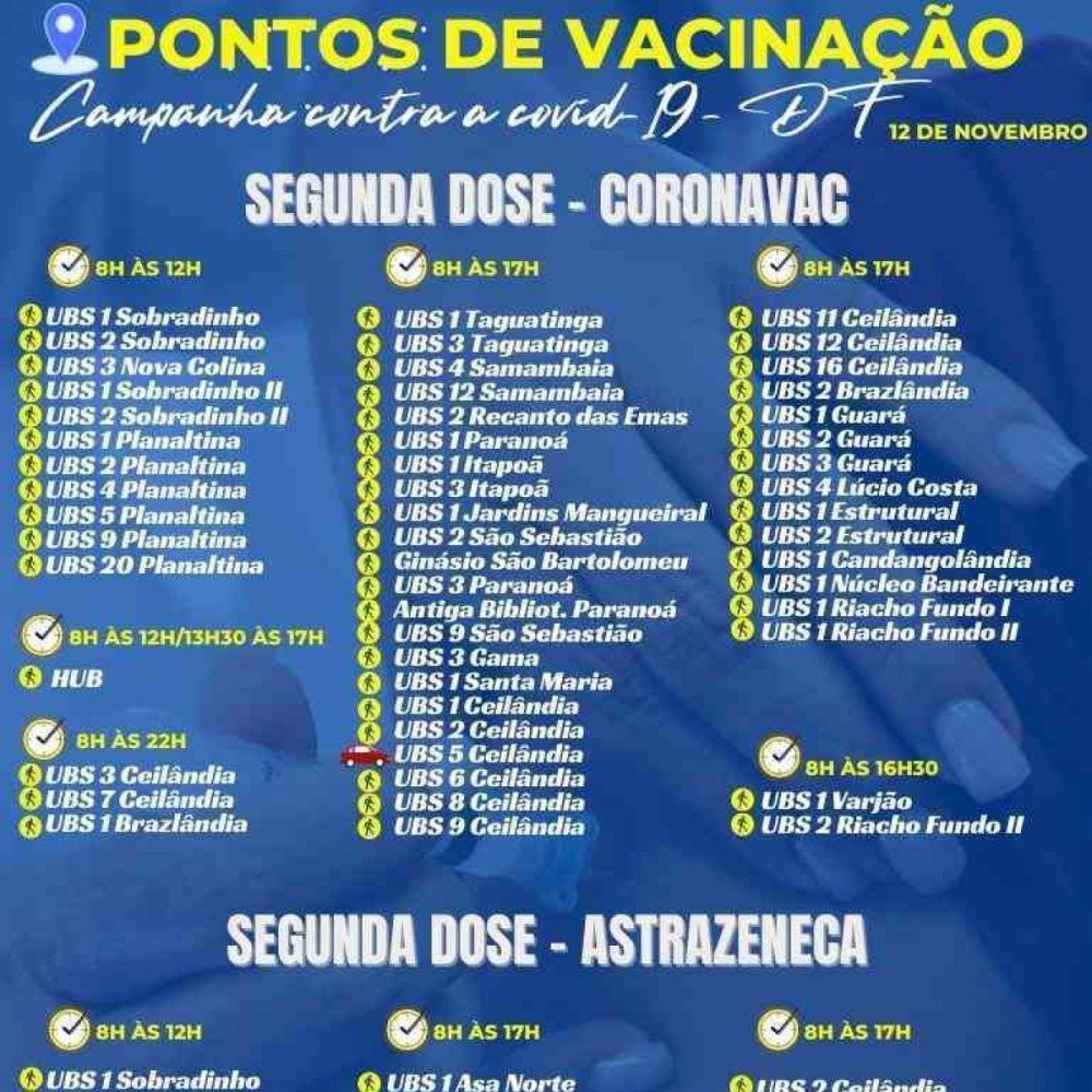 Pontos de vacinação de segunda dose de Astrazeneca e Coronavac nesta sexta (12/11)