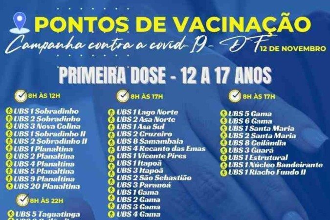Pontos de vacinação de primeira dose para pessoas com 12 anos ou mais nesta sexta (12/11)