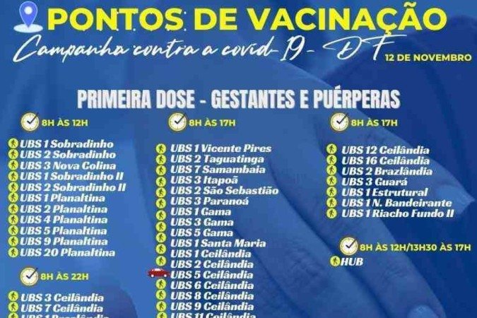 Pontos de vacinação de dose de reforço de idosos com 60 anos ou mais e primeira dose de gestantes e puérperas nesta sexta (12/11)