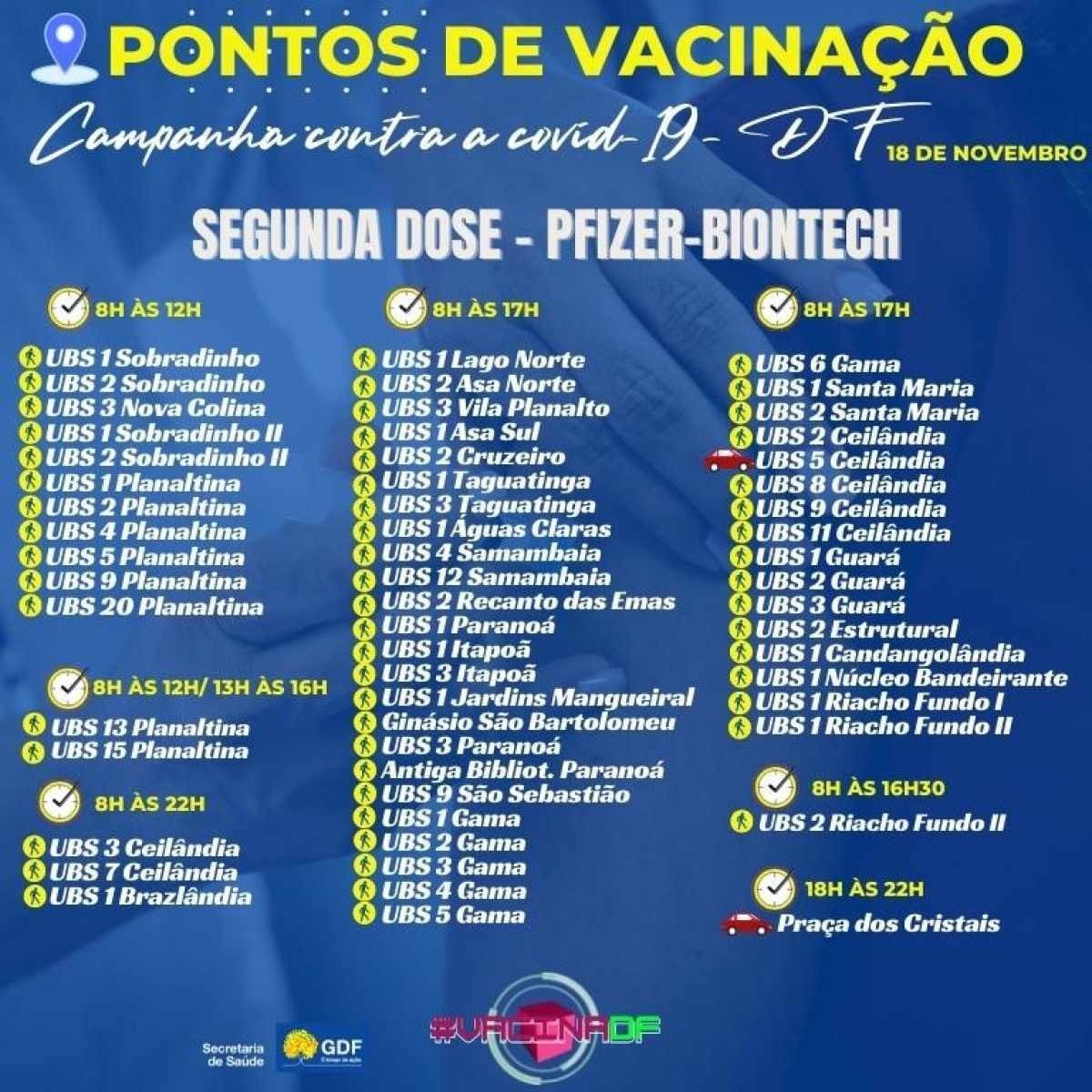 Pontos de vacinação contra a covid-19 desta quinta-feira (18/11)