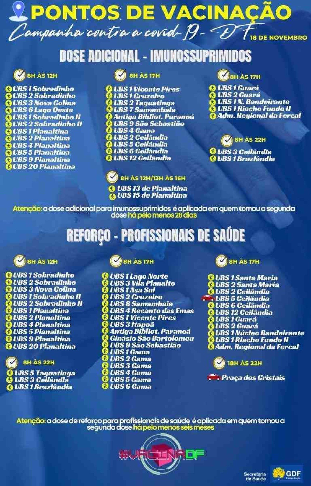 Pontos de vacinação contra a covid-19 desta quinta-feira (18/11)