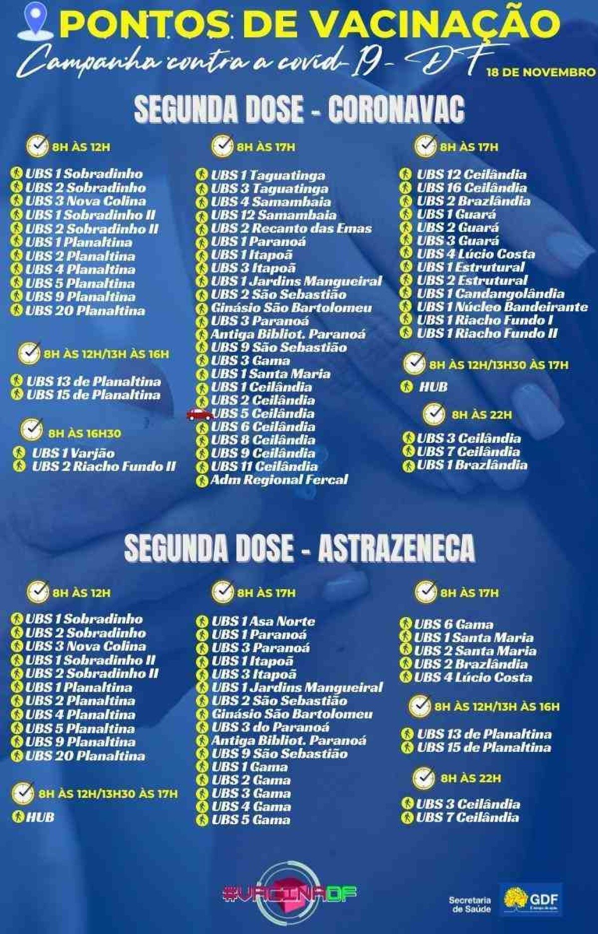 Pontos de vacinação contra a covid-19 desta quinta-feira (18/11)