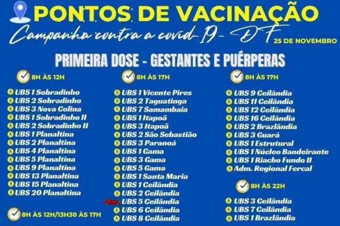 Confira onde se vacinar no DF nesta quinta-feira (25/11)