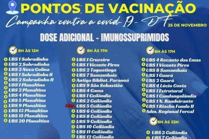Confira onde se vacinar no DF nesta quinta-feira (25/11)