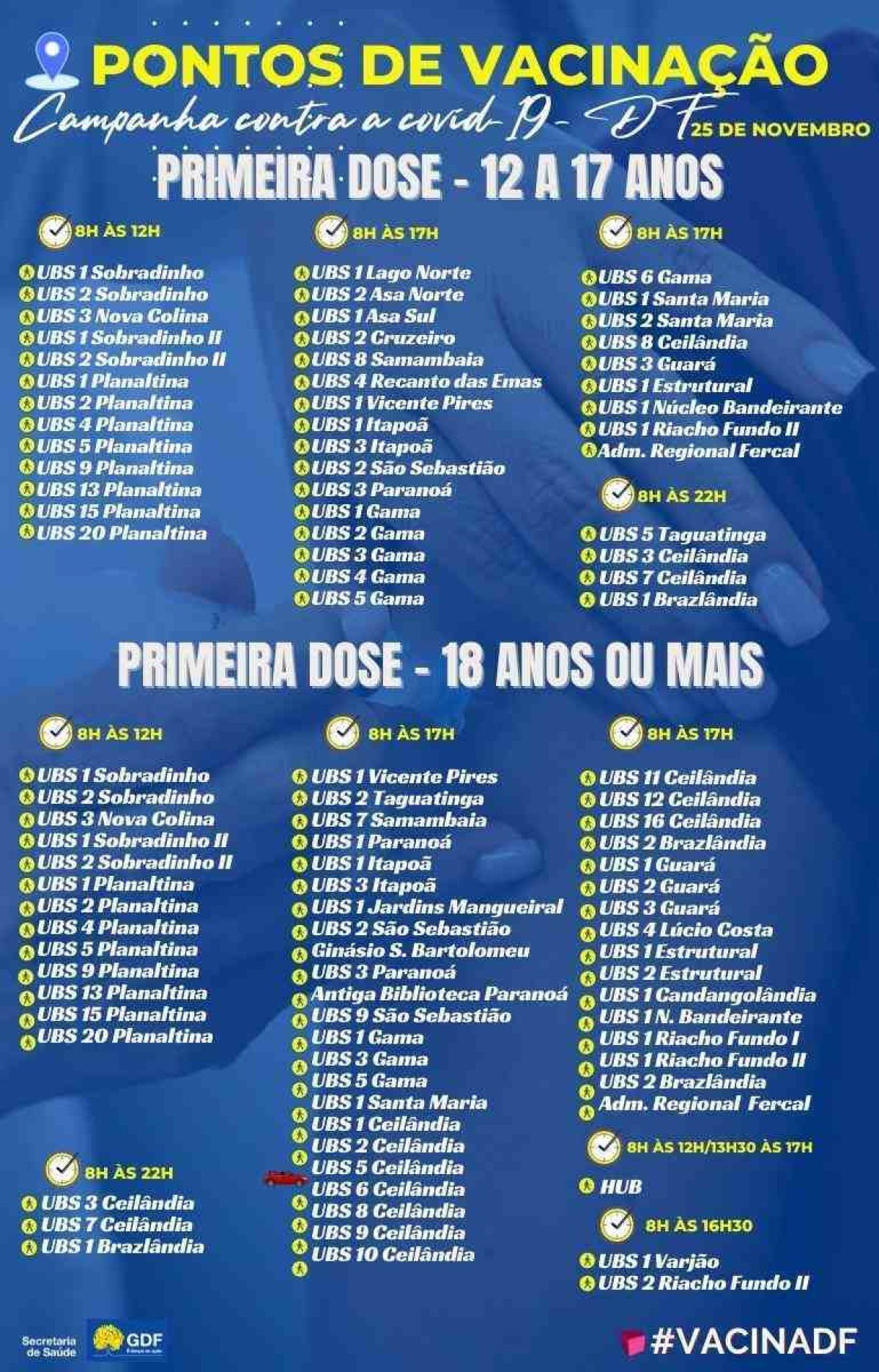 Confira onde se vacinar no DF nesta quinta-feira (25/11)