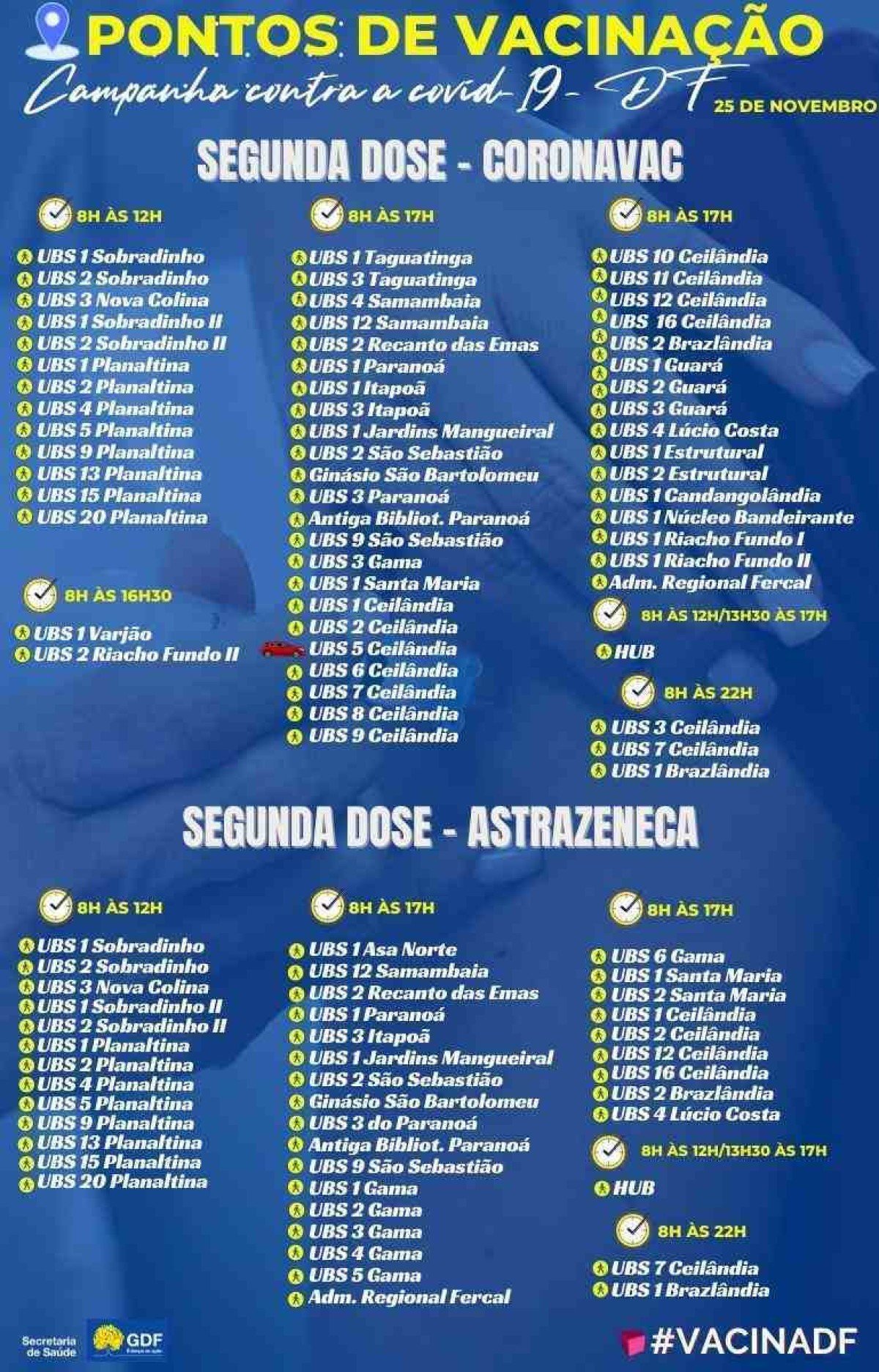 Confira onde se vacinar no DF nesta quinta-feira (25/11)