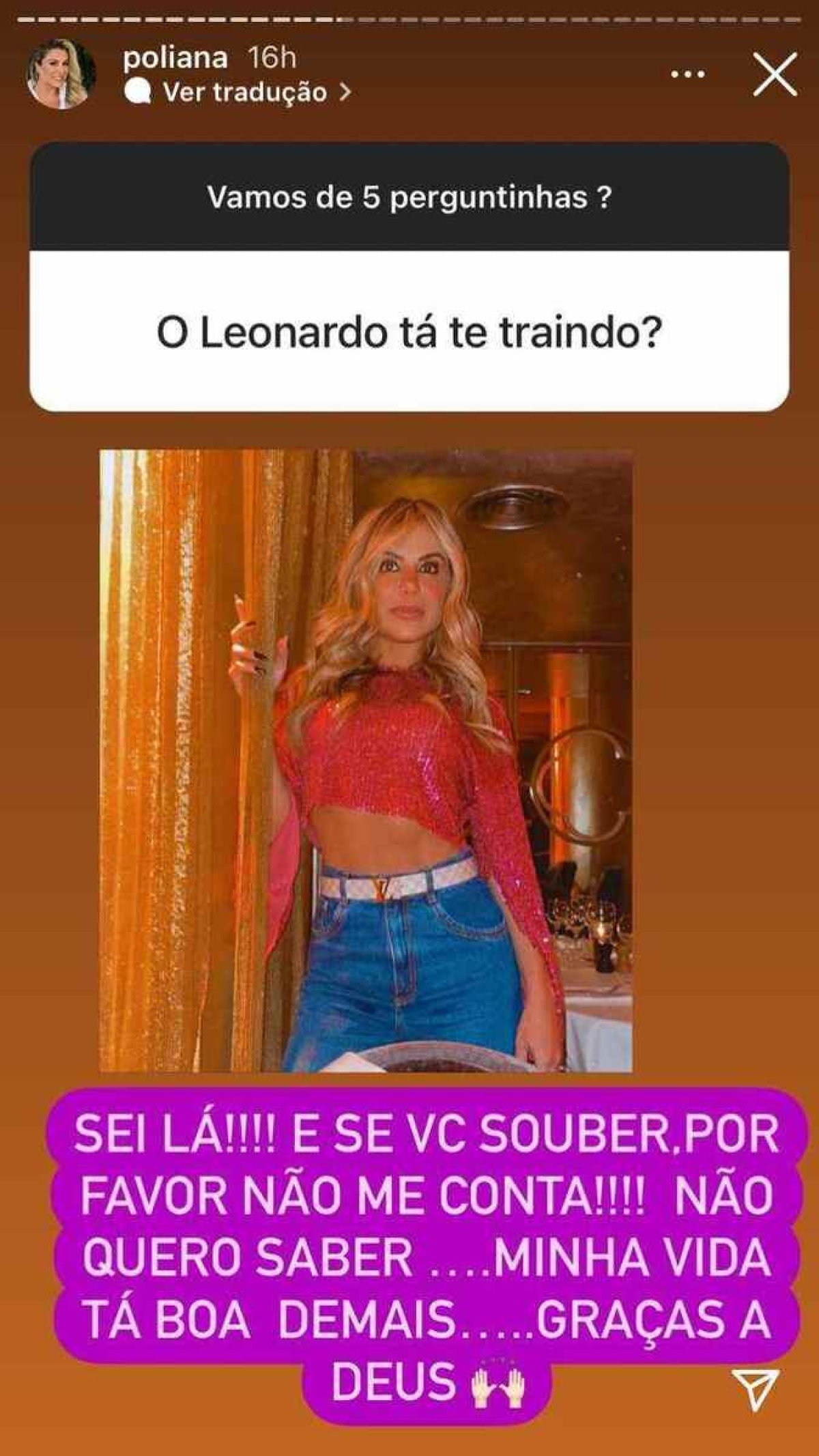 Mulher de Leonardo pede para não ser informada de supostas traições