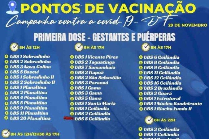 Pontos de vacinação de primeira dose para gestantes e puérperas e dose de reforço para 18 anos ou mais