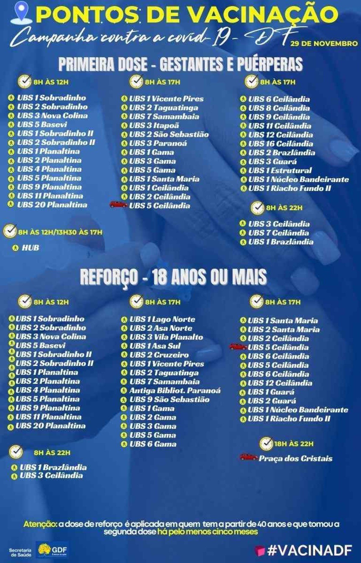 Pontos de vacina&ccedil;&atilde;o de primeira dose para gestantes e pu&eacute;rperas e dose de refor&ccedil;o para 18 anos ou mais